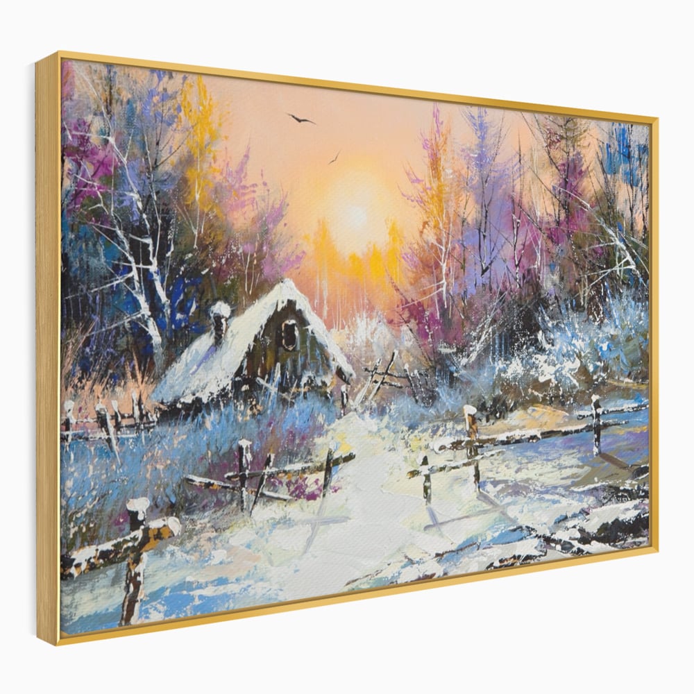 Tablou canvas cu tablou canvas cu peisaj de iarna, in rama de aluminiu auriu